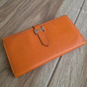 HERMES Bearn Soufflet Orange Long Wallet Epsom Leather Palladium Tan Wallet